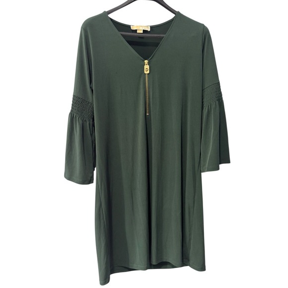 MICHAEL Michael Kors Dresses & Skirts - Michael Kors Dark Green Dress V Neck Gold Zipper Bell Sleeve Smocked Detail